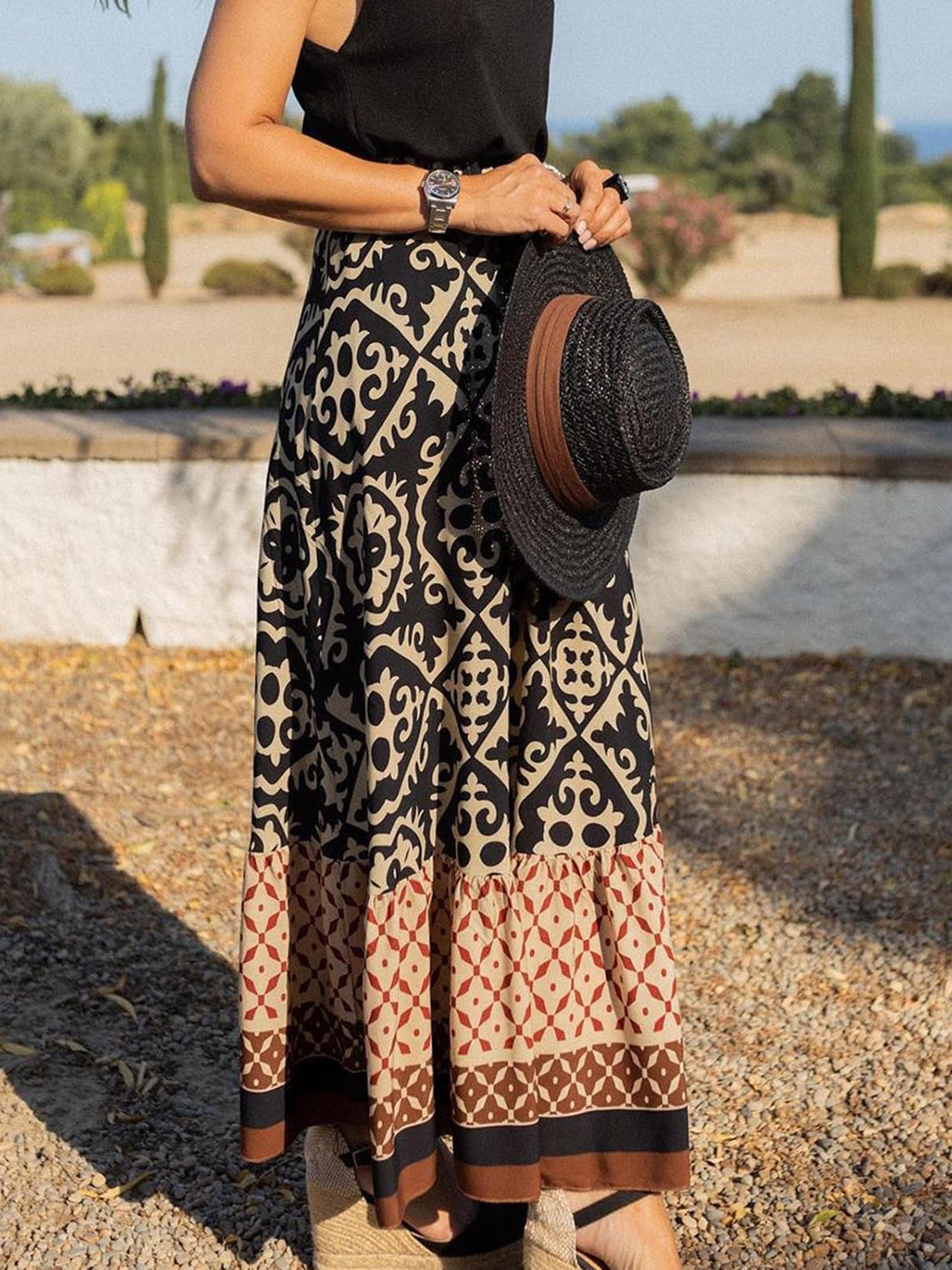 Geometric Elastic Waist Maxi Skirt-BOTTOMS SIZES SMALL MEDIUM LARGE-[Adult]-[Female]-2022 Online Blue Zone Planet