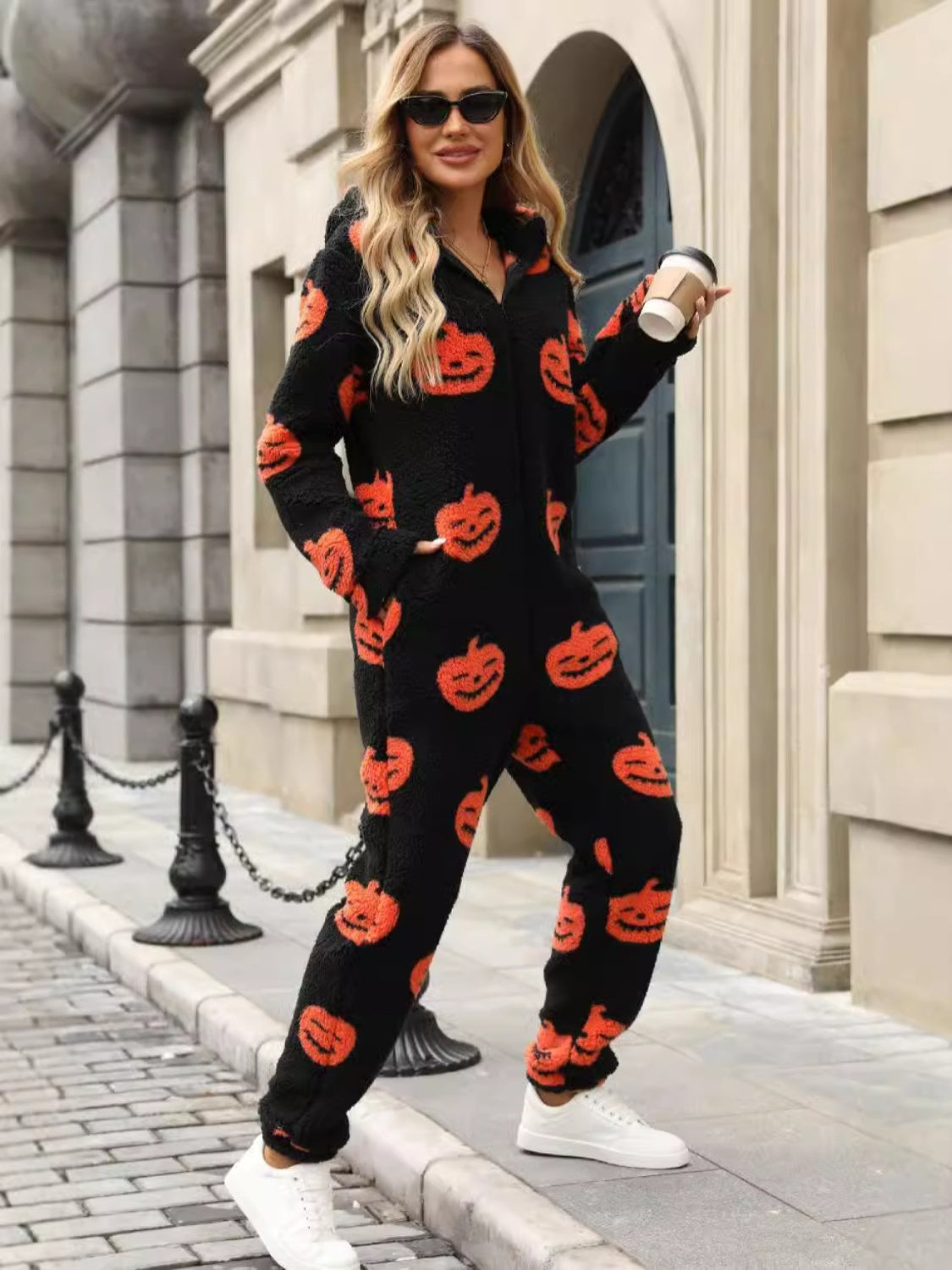 Fuzzy Pumpkin Half Zip Hooded Jumpsuit-TOPS / DRESSES-[Adult]-[Female]-2022 Online Blue Zone Planet