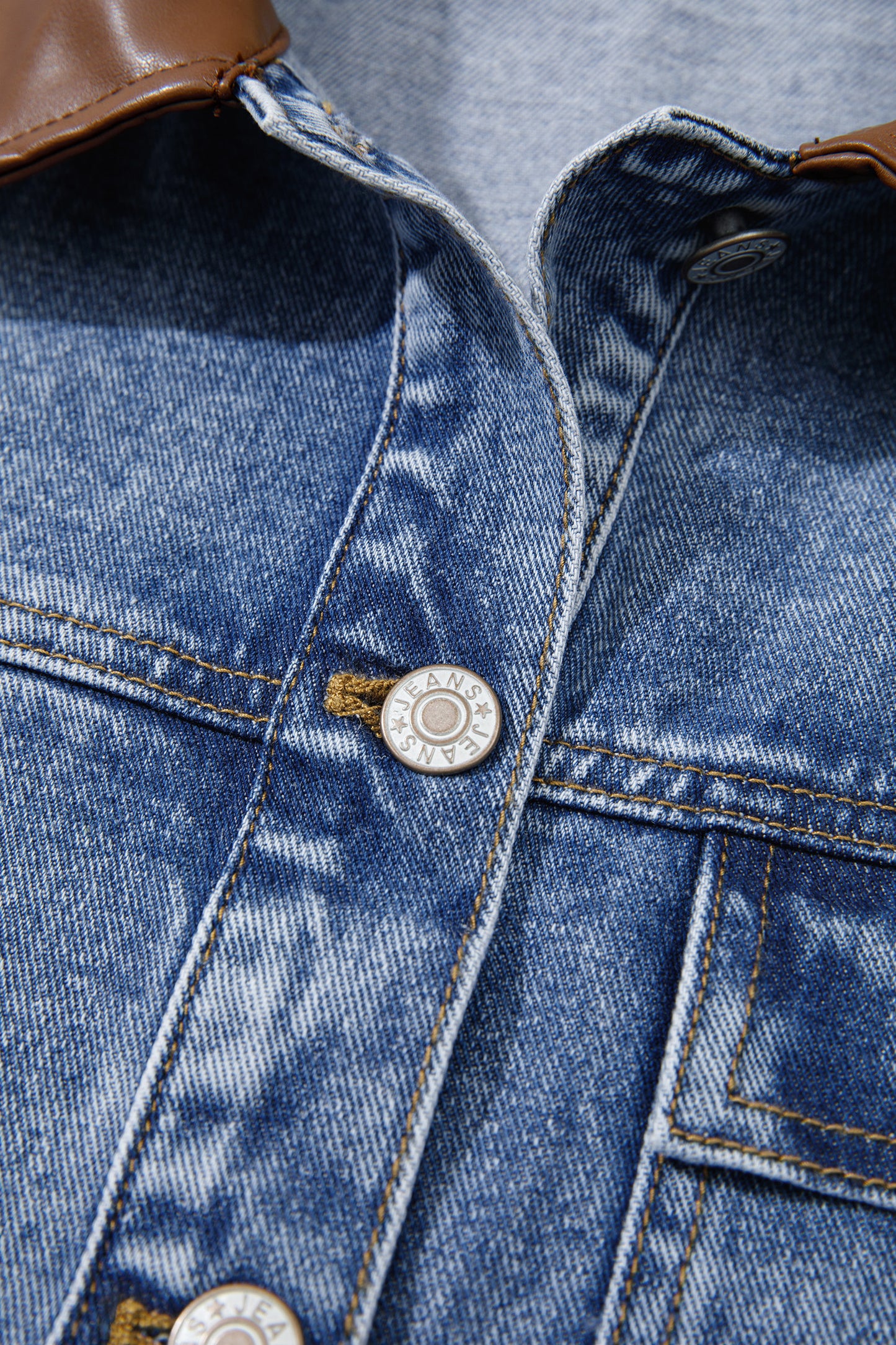 Sky Blue Patchwork Leather Collar Long Sleeve Denim Jacket
