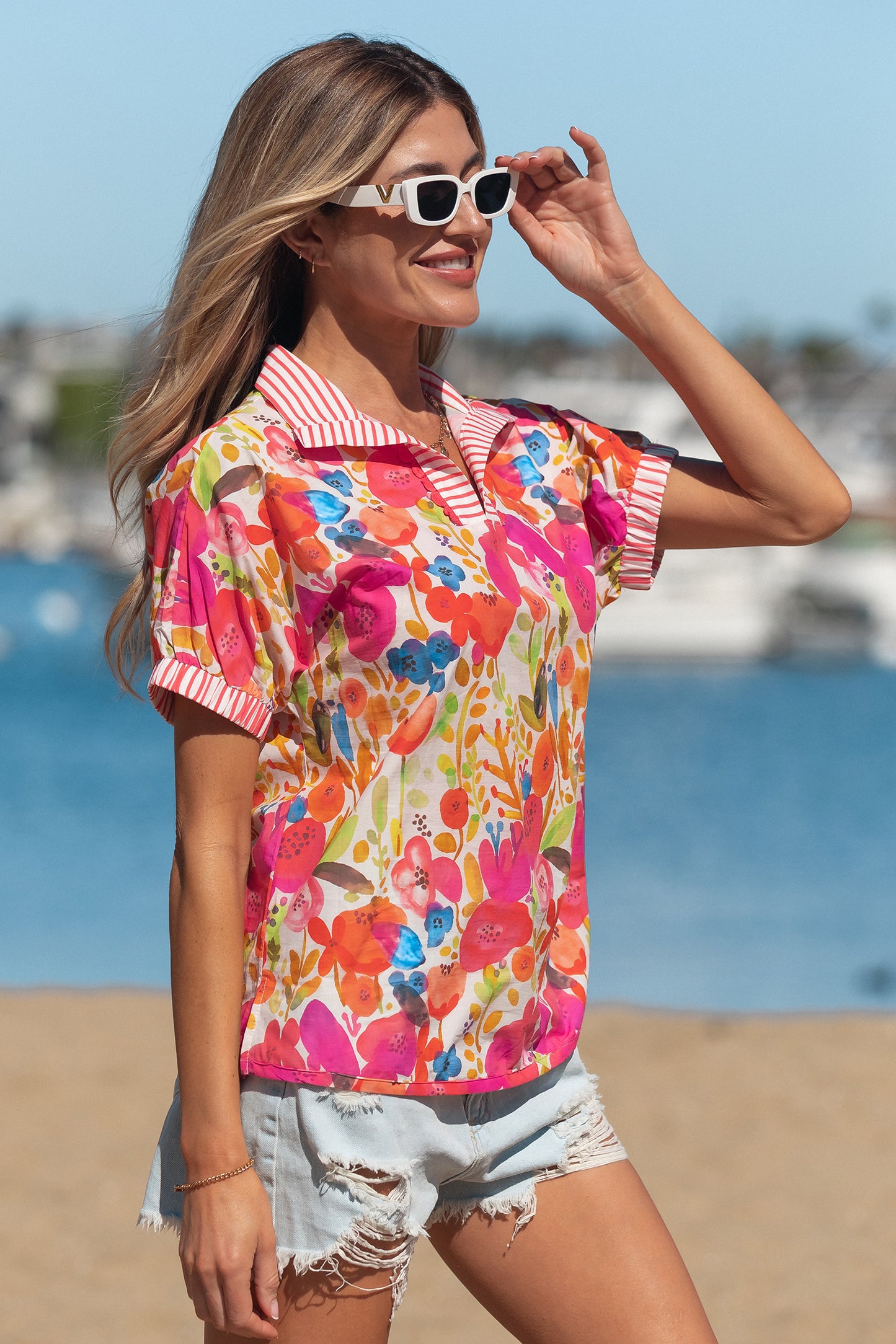 Rose Striped Trim Collared V Neck Short Sleeve Floral Print Blouse-Tops/Blouses & Shirts-[Adult]-[Female]-2022 Online Blue Zone Planet