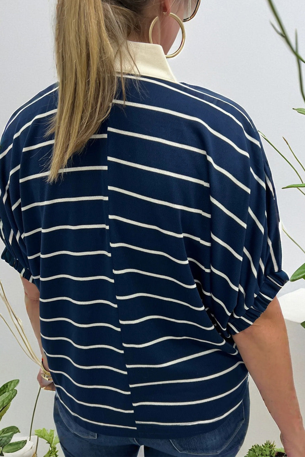 Blue Stripe Stand Collar V Neck Elastic Cuffs Half Sleeve Dolman Top-Tops/Tops & Tees-[Adult]-[Female]-2022 Online Blue Zone Planet