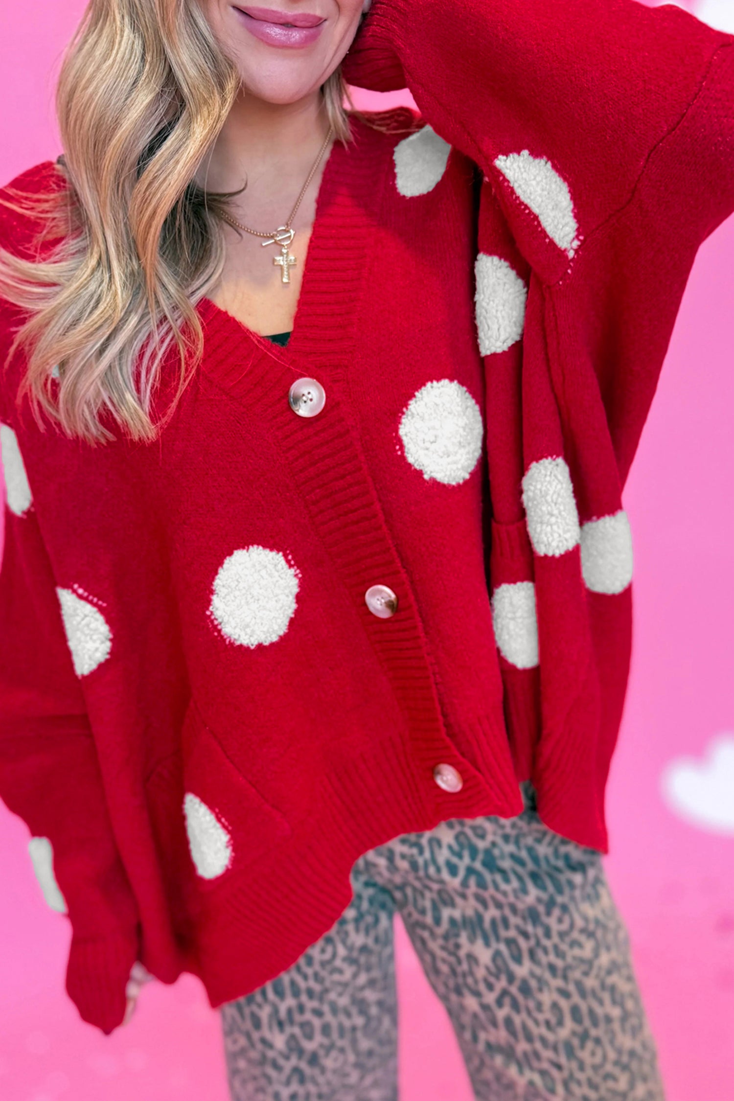Beige Polka Dot Button Front Oversized V Neck Cardigan-Sweaters & Cardigans/Cardigans-[Adult]-[Female]-2022 Online Blue Zone Planet