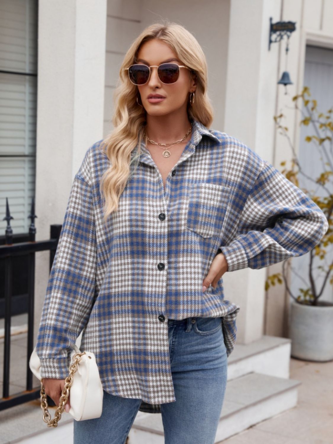 Mandy Pocketed Plaid Collared Neck Long Sleeve Shirt-TOPS / DRESSES-[Adult]-[Female]-2022 Online Blue Zone Planet