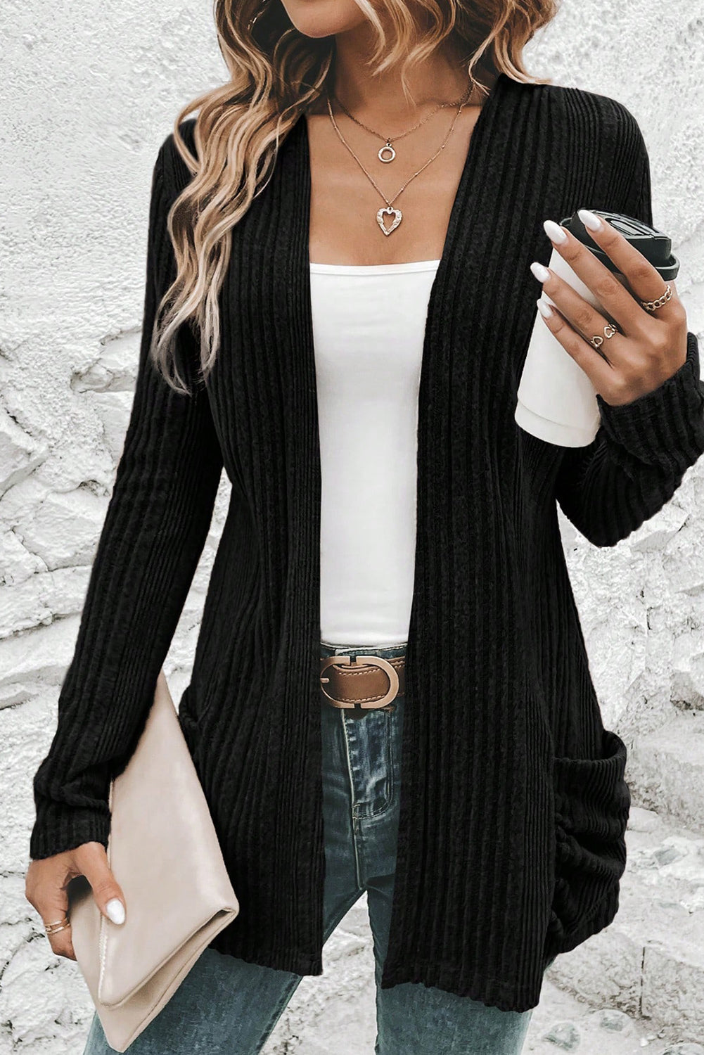 Black Ribbed Open Front Knitted Top with Pockets-Sweaters & Cardigans/Cardigans-[Adult]-[Female]-2022 Online Blue Zone Planet