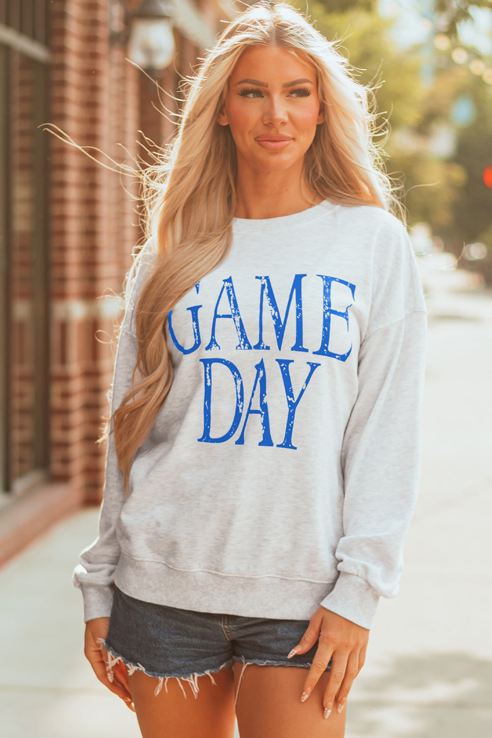 Blue Vintage Washed Game Day Graphic Baggy Sweatshirt-Tops/Sweatshirts & Hoodies-[Adult]-[Female]-2022 Online Blue Zone Planet