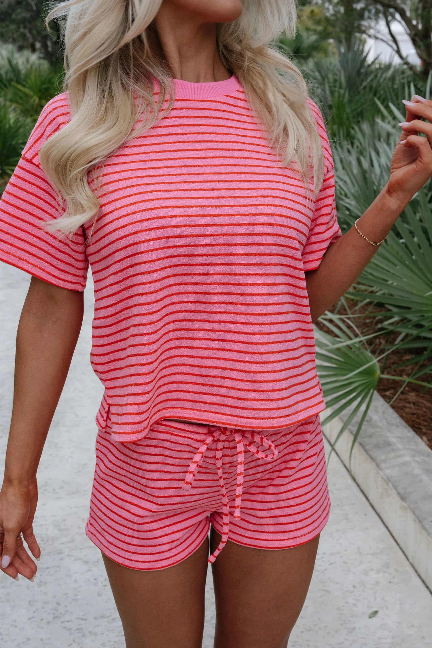 Rose Stripe Side Split Knit Tee Drawstring Shorts Set-Two Piece Sets/Short Sets-[Adult]-[Female]-Rose Stripe-S-2022 Online Blue Zone Planet