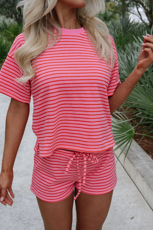 Rose Stripe Side Split Knit Tee Drawstring Shorts Set-Two Piece Sets/Short Sets-[Adult]-[Female]-Rose Stripe-S-2022 Online Blue Zone Planet