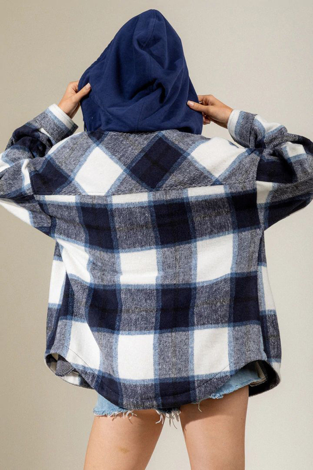 Drawstring Plaid Dropped Shoulder Hooded Shacket-TOPS / DRESSES-[Adult]-[Female]-2022 Online Blue Zone Planet