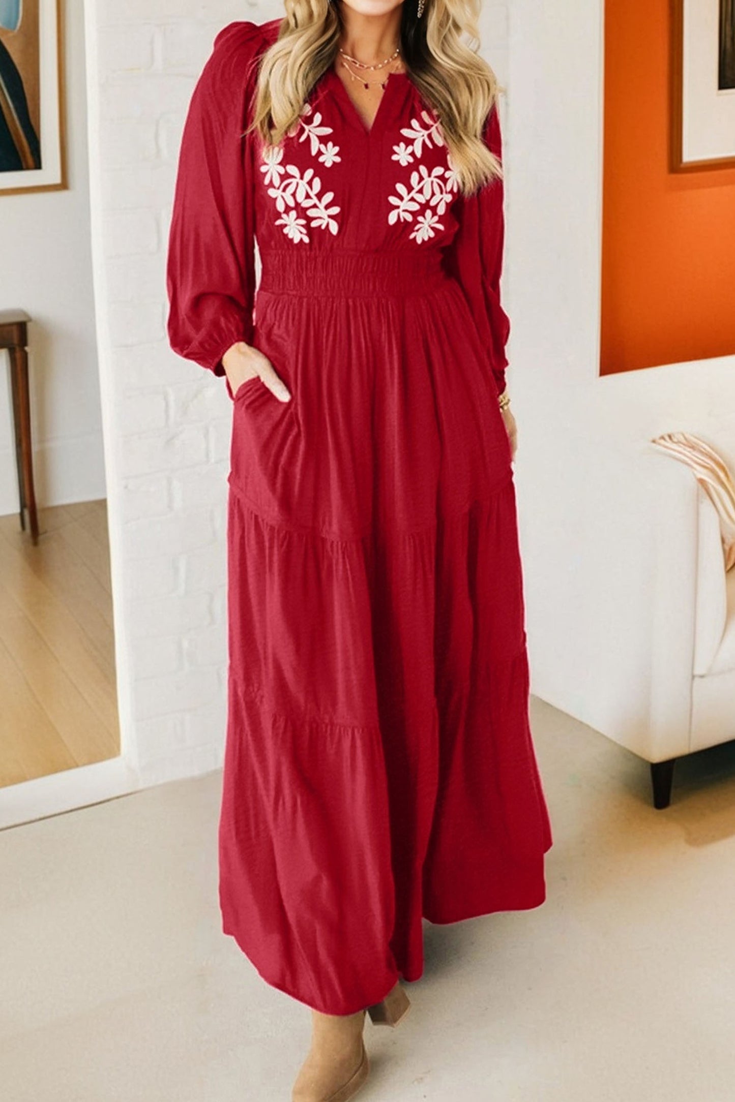 Racing Red Contrast Embroidered Detail Cinched Waist Tiered Long Sleeve Maxi Dress-TOPS / DRESSES-[Adult]-[Female]-2022 Online Blue Zone Planet