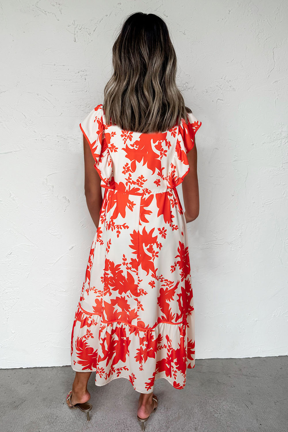 Red Floral Print Trimmed V Neck Ruffle Sleeve Maxi Dress-Maxi Dresses-[Adult]-[Female]-2022 Online Blue Zone Planet
