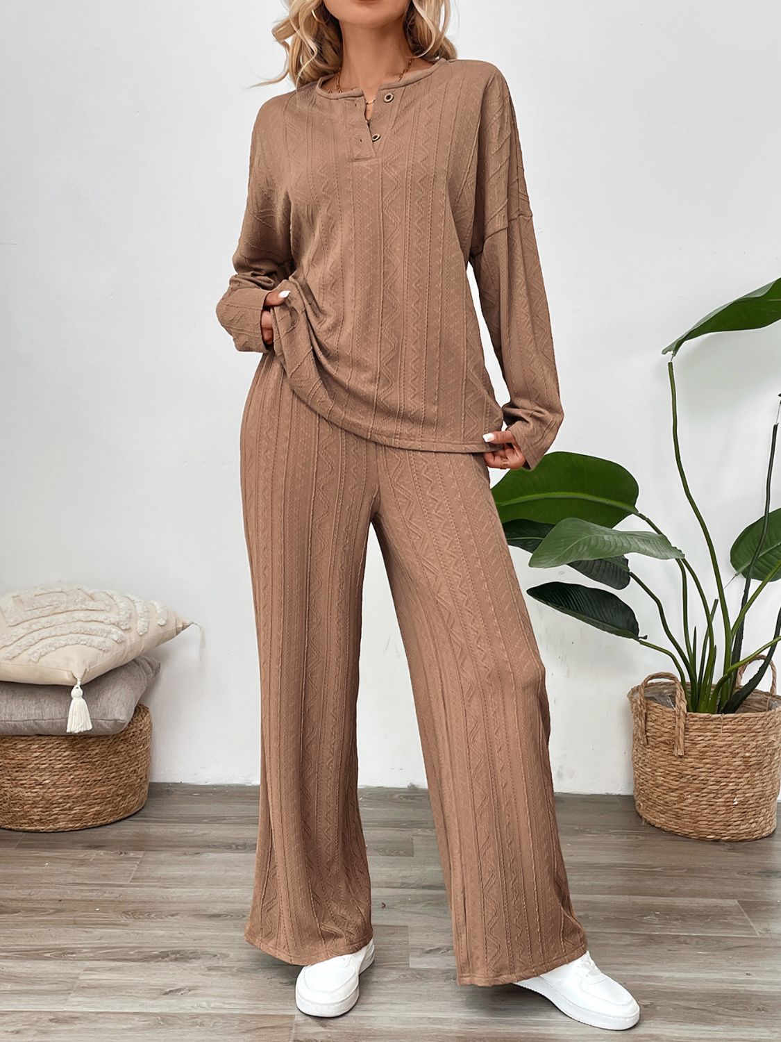 Perfee Quarter Button Long Sleeve Top and Pants Set-TOPS / DRESSES-[Adult]-[Female]-2022 Online Blue Zone Planet