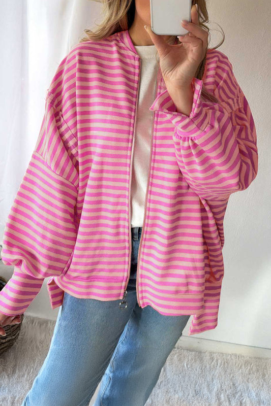 Pink Stripe Zip-up Puff Sleeve Zip Jacket Sweatshirt-Tops/Sweatshirts & Hoodies-[Adult]-[Female]-Pink Stripe-S-2022 Online Blue Zone Planet