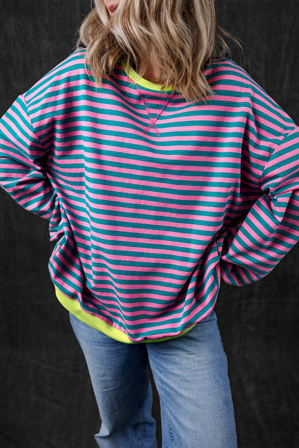 Sky Blue Stripe Oversized Contrast Trim Pullover Sweatshirt-Tops/Sweatshirts & Hoodies-[Adult]-[Female]-2022 Online Blue Zone Planet