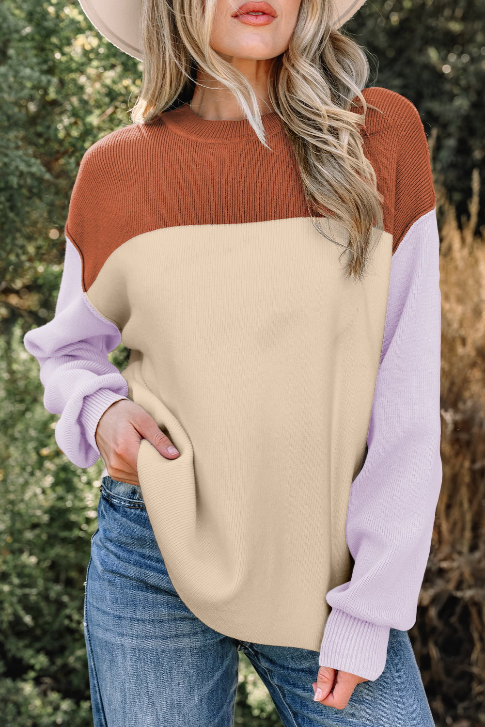 Khaki Color Block Plain Ribbed Knit Baggy Sweater-TOPS / DRESSES-[Adult]-[Female]-2022 Online Blue Zone Planet