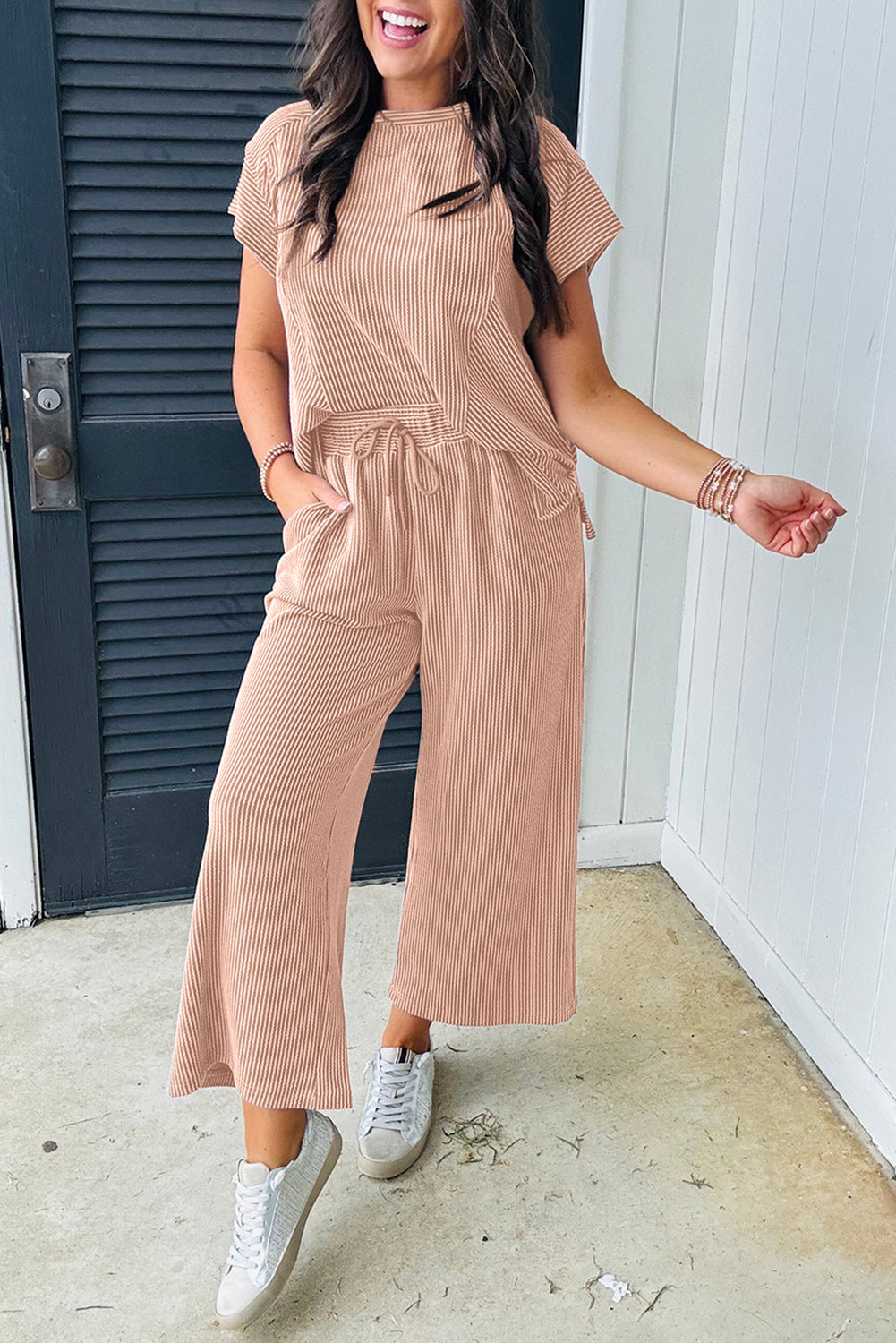 Wild Wind Solid Corded Short Sleeve T Shirt and Wide Leg Pants Set-Two Piece Pants Sets-[Adult]-[Female]-Smoke Gray-S-2022 Online Blue Zone Planet