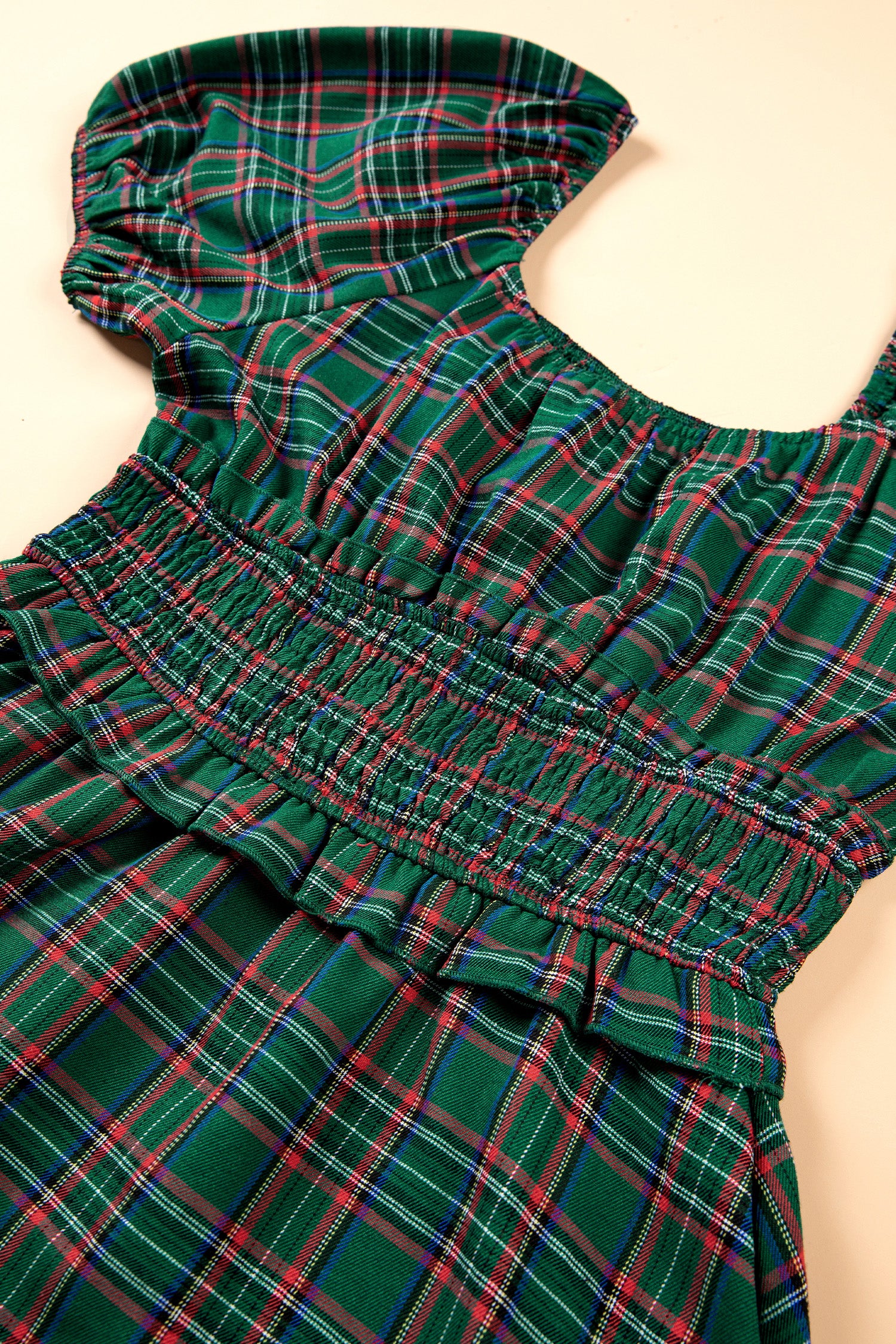 Green Plaid Shirred U Neck Short Sleeve Mini Dress-TOPS / DRESSES-[Adult]-[Female]-2022 Online Blue Zone Planet