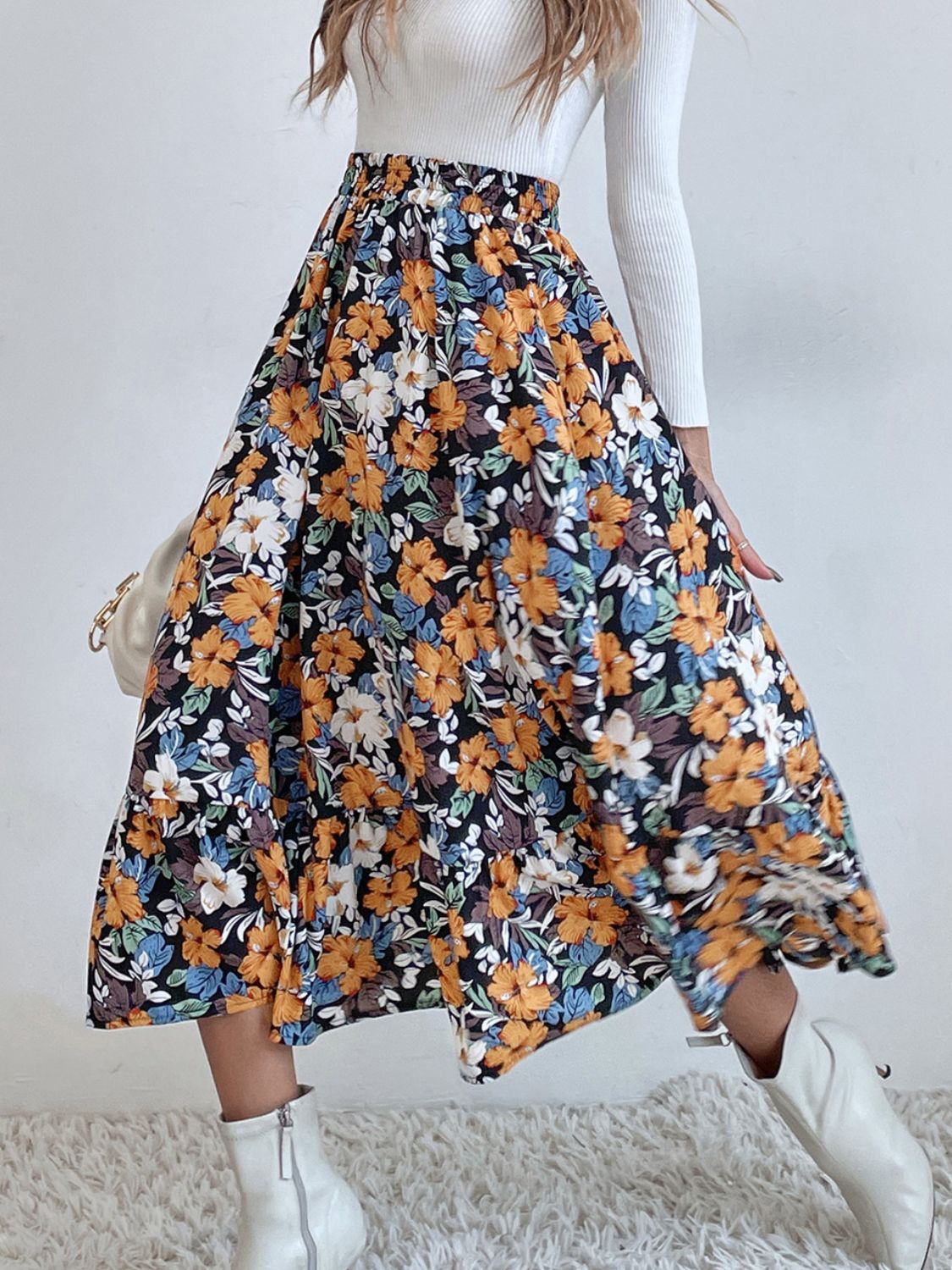 Printed Elastic Waist Midi Skirt-BOTTOM SIZES SMALL MEDIUM LARGE-[Adult]-[Female]-2022 Online Blue Zone Planet