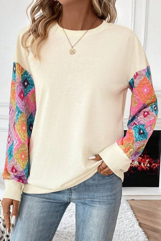 Apricot Geometric Printed Patchwork Long Sleeve Round Neck Top-Tops/Long Sleeve Tops-[Adult]-[Female]-Apricot-S-2022 Online Blue Zone Planet