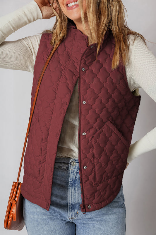 Wild Ginger Flower Shape Quilted Snap Button Zip Up Winter Vest-Outerwear/Vests-[Adult]-[Female]-Wild Ginger-S-2022 Online Blue Zone Planet