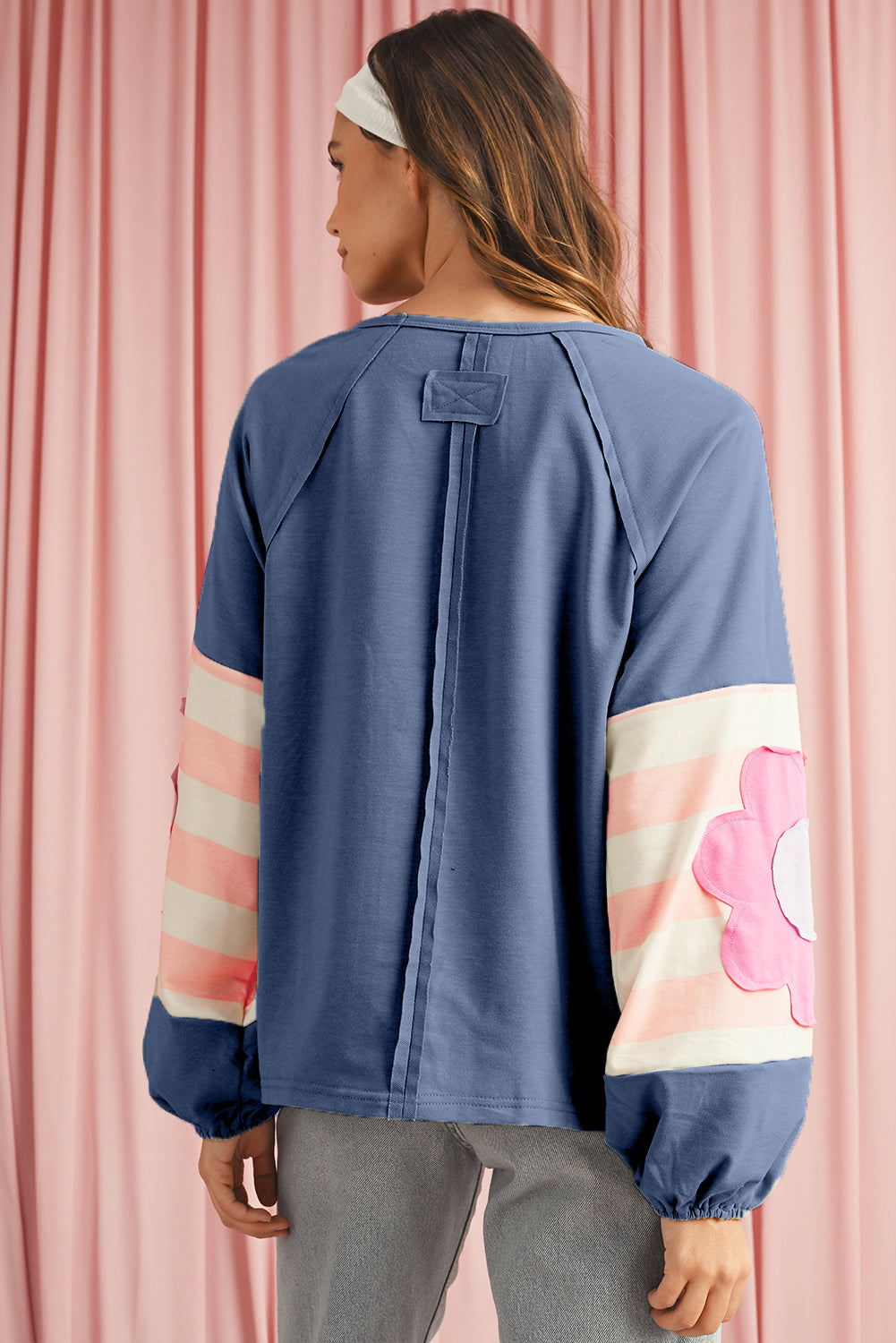 Blue Zone Planet | Smoke Green Flower Patchwork Exposed Seam Raglan Sleeve Top-Long Sleeve Tops-[Adult]-[Female]-2022 Online Blue Zone Planet