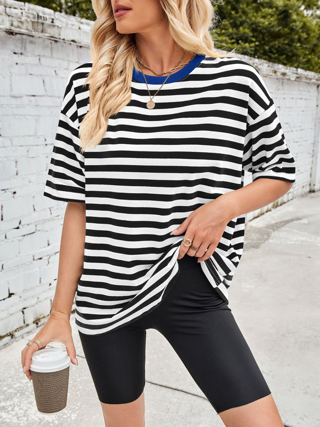 Lovelet Striped Round Neck Half Sleeve T-Shirt-TOPS / DRESSES-[Adult]-[Female]-Black-S-2022 Online Blue Zone Planet