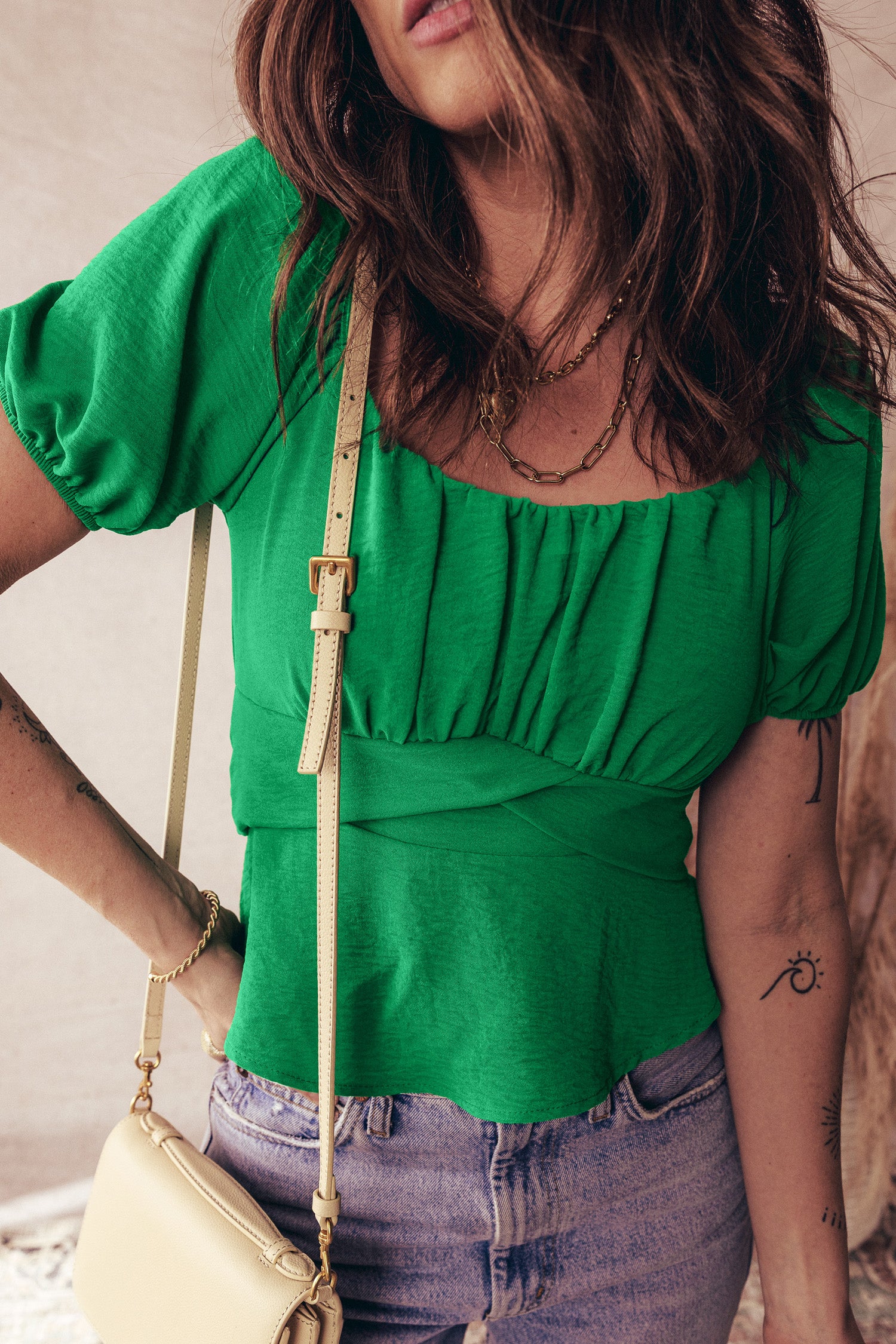 Dark Green Solid Color Ruched Crossed Waist Tied Back Short Sleeve Peplum Top-Tops/Blouses & Shirts-[Adult]-[Female]-2022 Online Blue Zone Planet