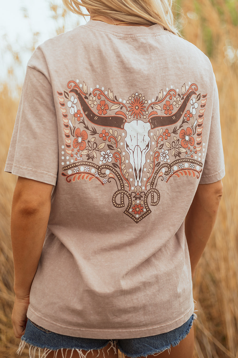 Smoke Gray Mineral Wash Floral Steer Head Printed Back Western Fashion Tee-Tops/Tops & Tees-[Adult]-[Female]-2022 Online Blue Zone Planet