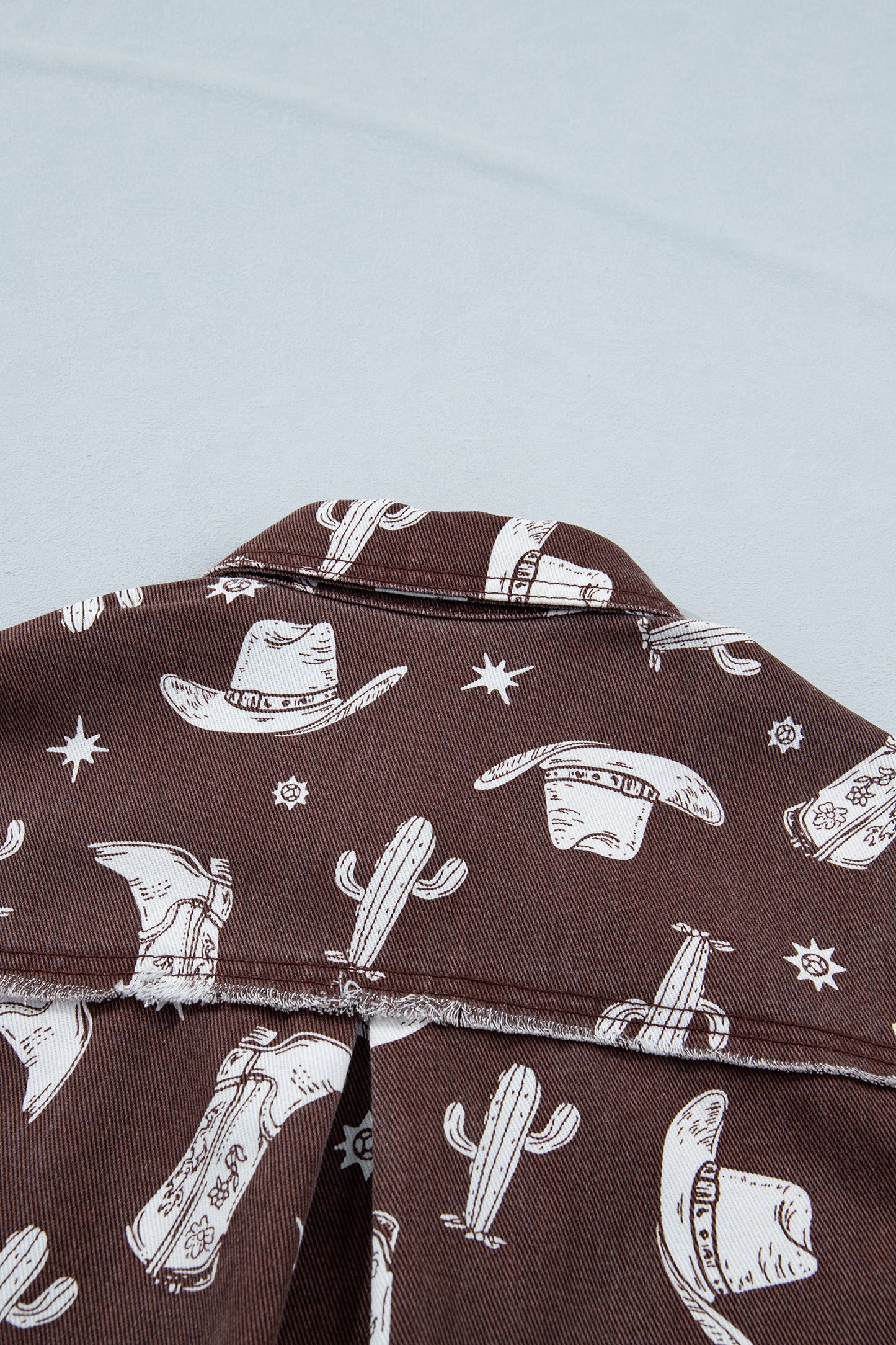Brown Cowgirl Hats Boots Cactus Print Raw Edge Button Down Short Denim Dress-TOPS / DRESSES-[Adult]-[Female]-2022 Online Blue Zone Planet