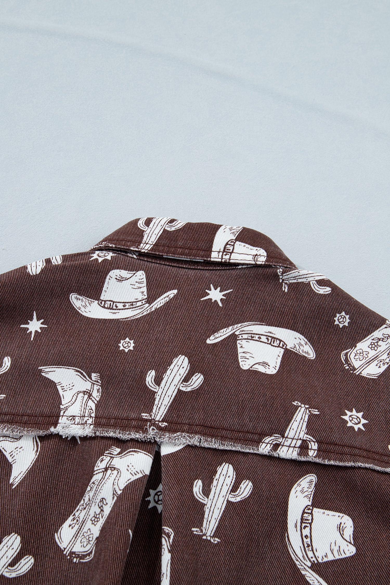 Brown Cowgirl Hats Boots Cactus Print Raw Edge Button Down Short Denim Dress-TOPS / DRESSES-[Adult]-[Female]-2022 Online Blue Zone Planet