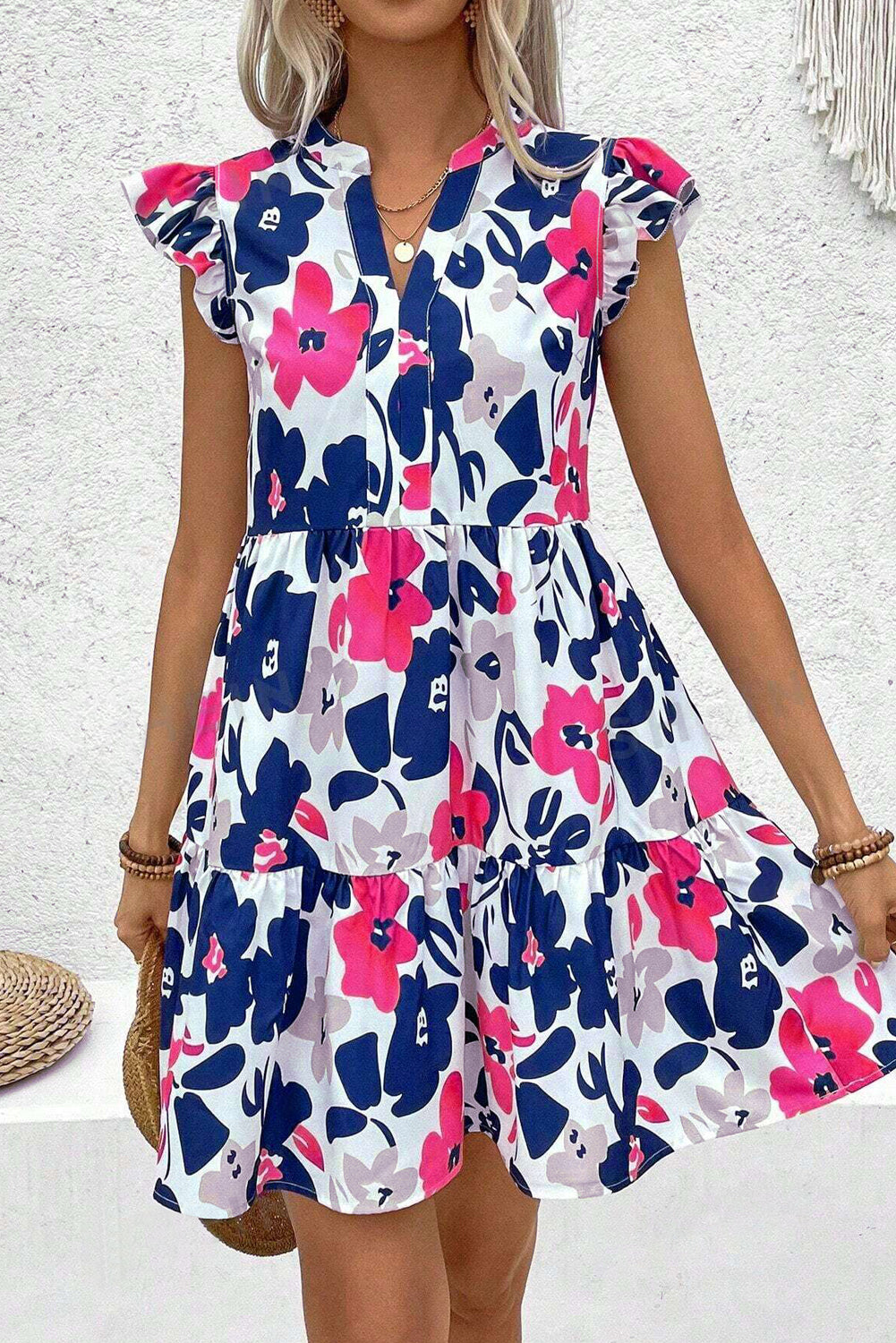 Fashion Floral Print Notched Neck Flutter Sleeve Mini Dress-TOPS / DRESSES-[Adult]-[Female]-2022 Online Blue Zone Planet