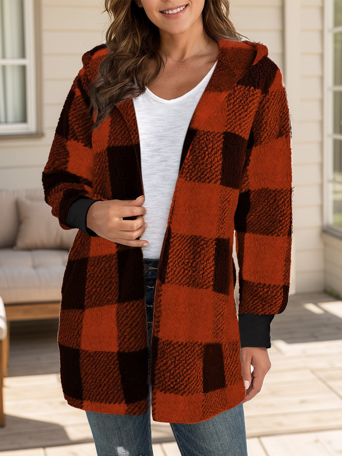 Plaid Long Sleeve Hooded Coat-TOPS / DRESSES-[Adult]-[Female]-Burgundy-S-2022 Online Blue Zone Planet