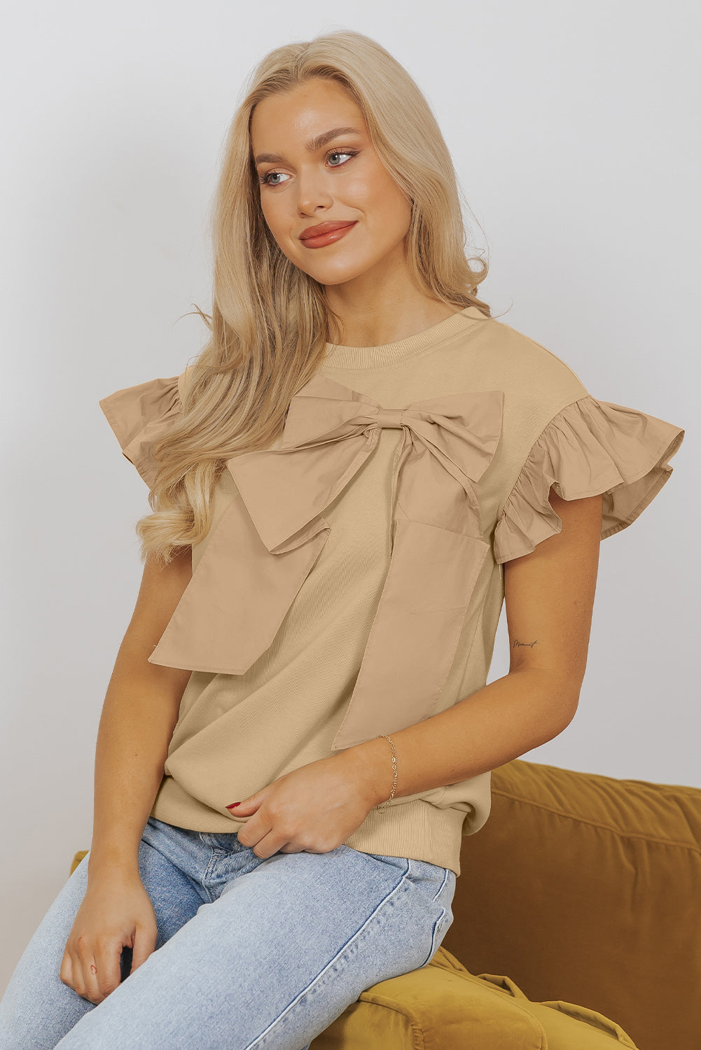 Parchment Ribbon Bow Ruffle Sleeve Round Neck Top-Blouses-[Adult]-[Female]-2022 Online Blue Zone Planet