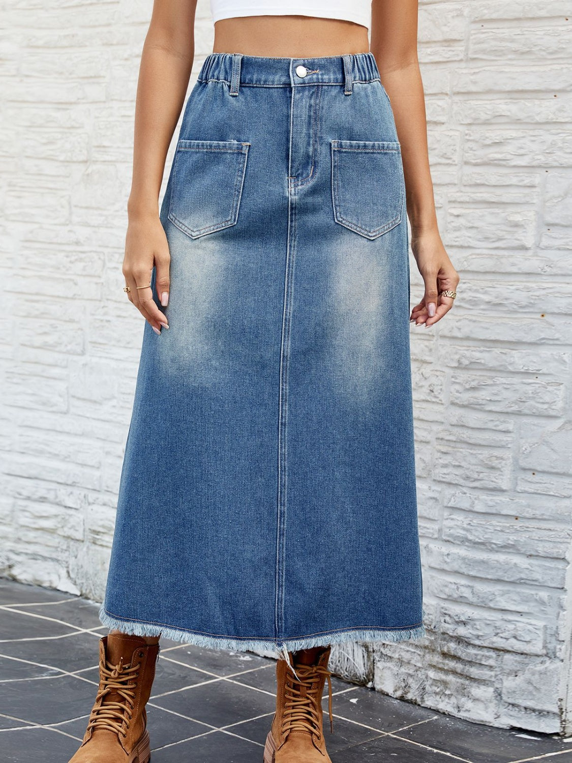 Raw Hem Buttoned Denim Skirt with Pockets-BOTTOMS SIZES SMALL MEDIUM LARGE-[Adult]-[Female]-Dusty Blue-S-2022 Online Blue Zone Planet