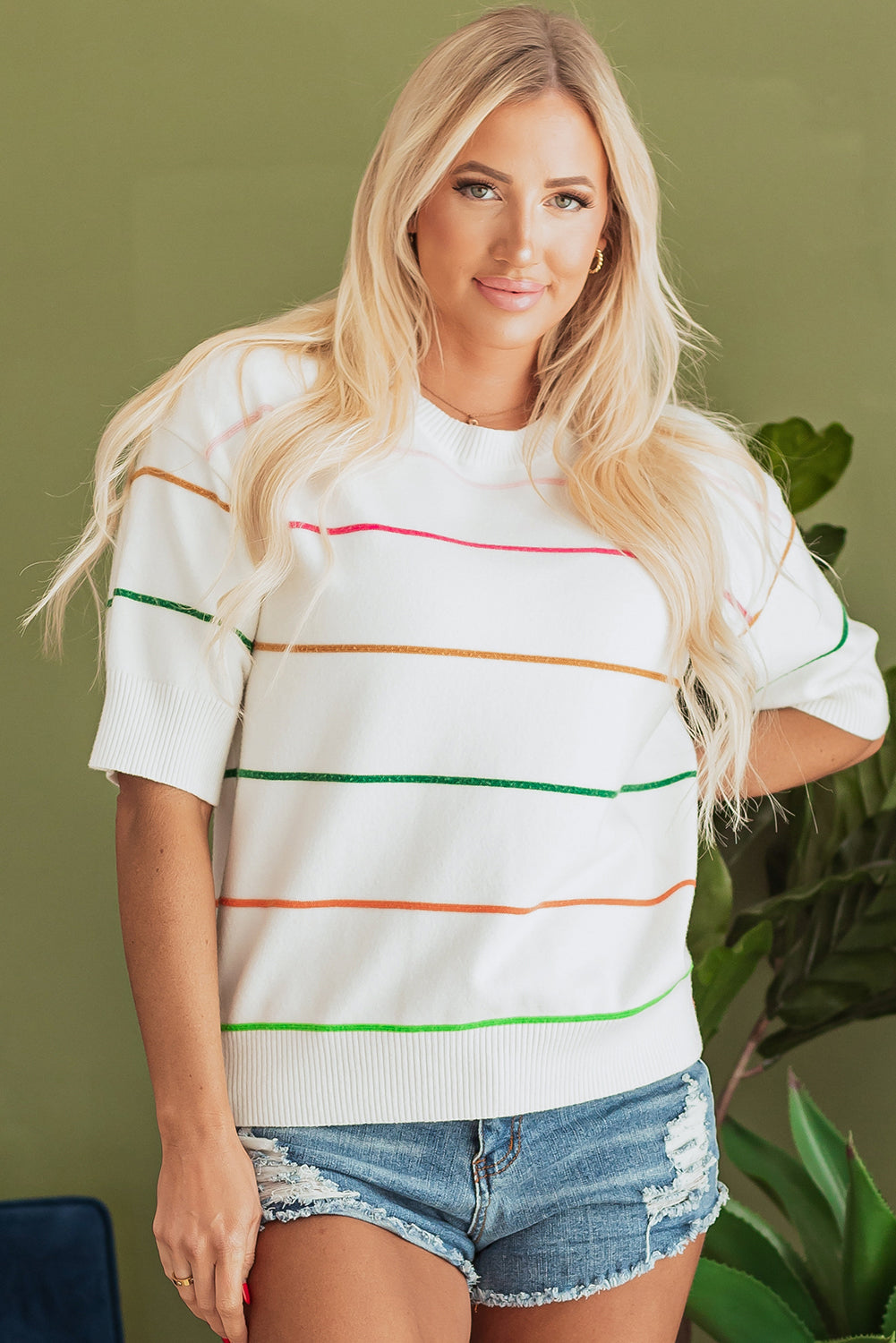Blue Zone Planet | White Colorblock Striped Half Sleeve Drop Shoulder Sweater-Sweaters & Cardigans/Short Sleeve Sweaters-[Adult]-[Female]-2022 Online Blue Zone Planet