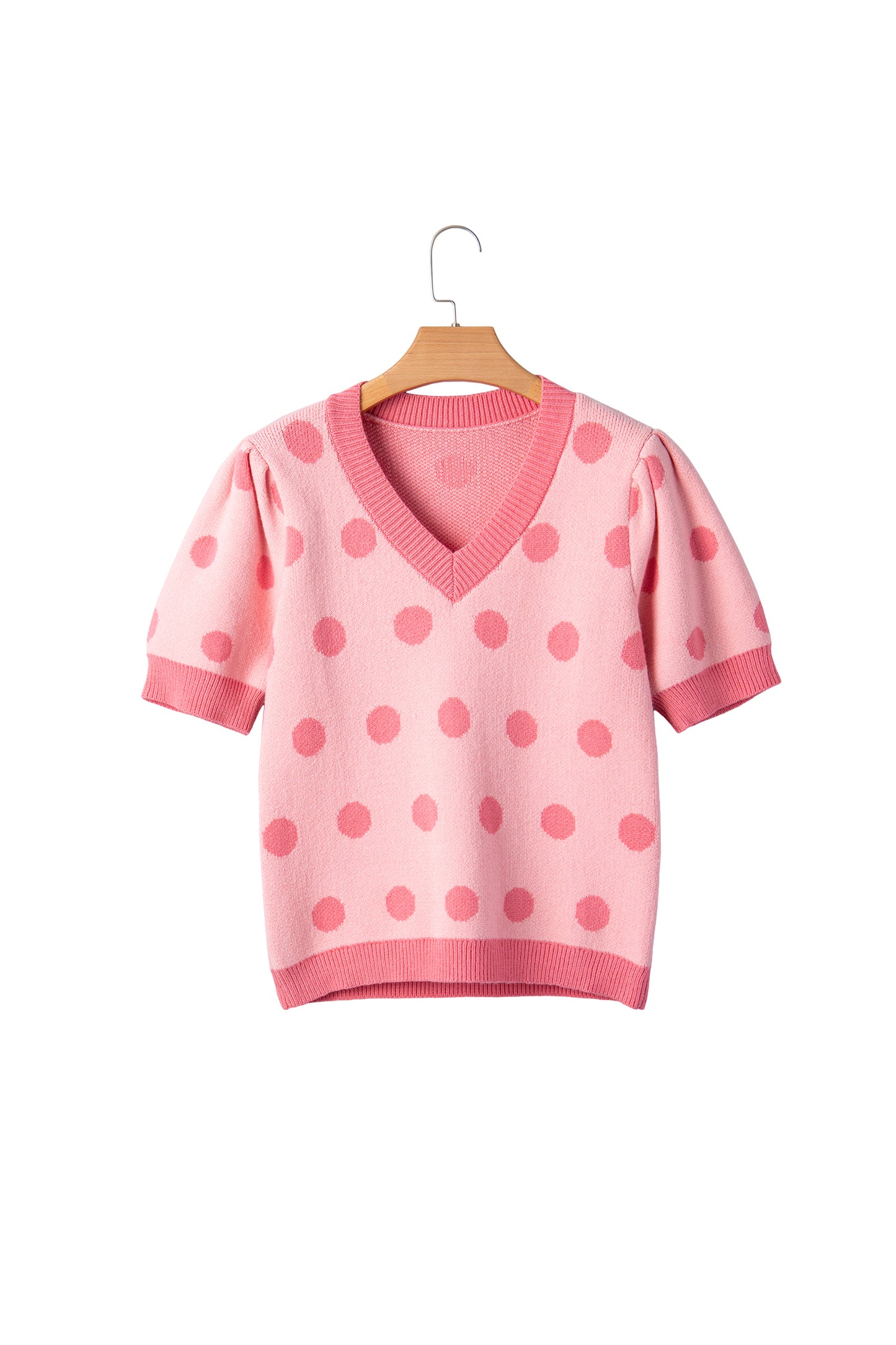 Rose Red Polka Dot Puff Short Sleeve Sweater Top-Sweaters & Cardigans/Short Sleeve Sweaters-[Adult]-[Female]-2022 Online Blue Zone Planet