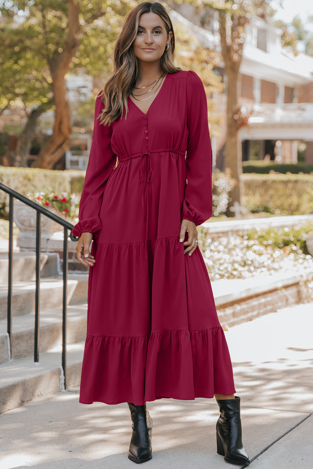 Burgundy Solid Long Sleeve Button V Neck Tiered Maxi Dress-TOPS / DRESSES-[Adult]-[Female]-2022 Online Blue Zone Planet