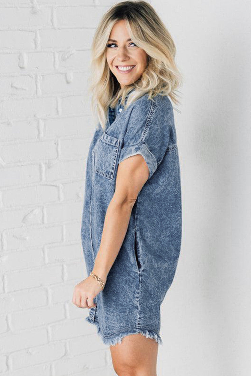 Blue Mineral Wash Cuffed Sleeve Frayed Hem Denim Dress-Dresses/Mini Dresses-[Adult]-[Female]-2022 Online Blue Zone Planet