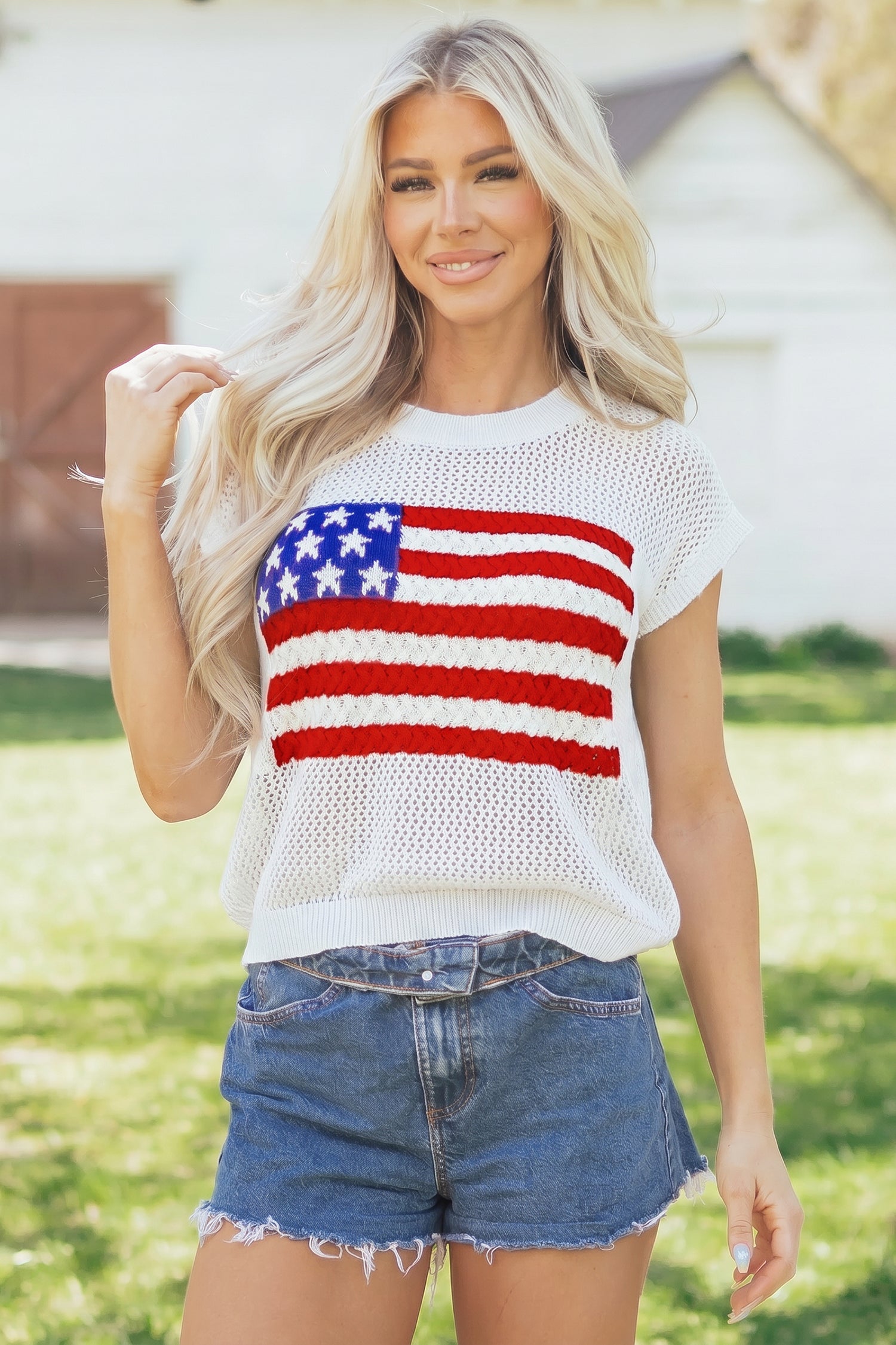 Sky Blue Flag Graphic Short Sleeve Sweater Top-TOPS / DRESSES-[Adult]-[Female]-2022 Online Blue Zone Planet