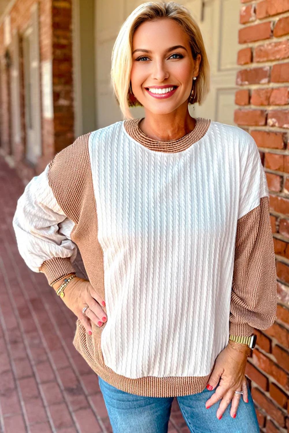 White Cable Texture Ribbed Color Block Plus Size Knit Top-Plus Size/Plus Size Tops/Plus Size Long Sleeve Tops-[Adult]-[Female]-2022 Online Blue Zone Planet