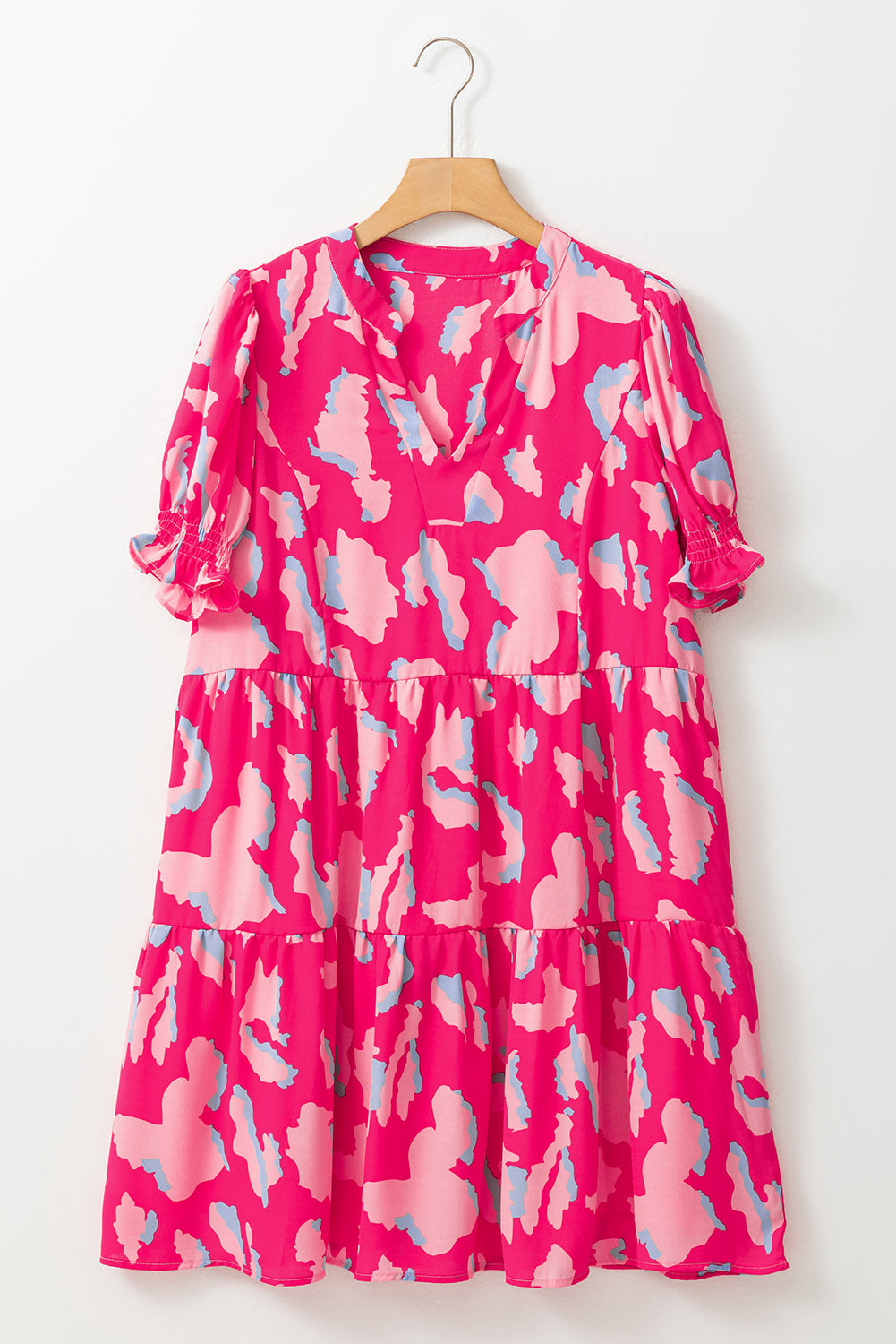 Pink Abstract Printed Puff Short Sleeve Tiered Loose Dress Blue Zone Planet