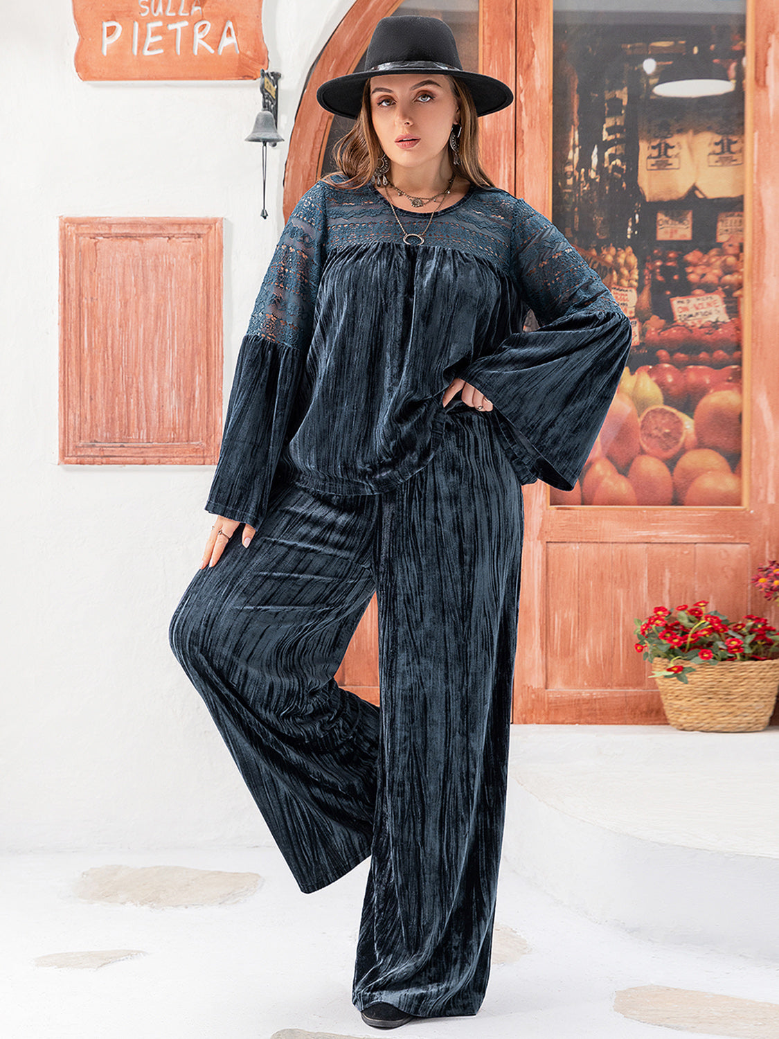 Blue Zone Planet | Plus Size Round Neck Flare Sleeve Top and Pants Set-TOPS / DRESSES-[Adult]-[Female]-2022 Online Blue Zone Planet