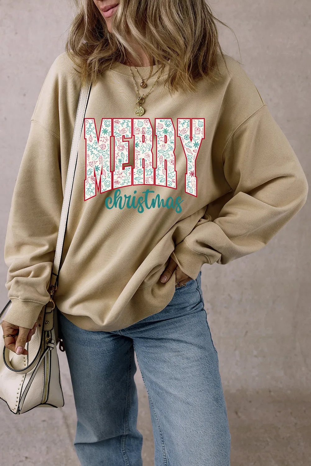 MERRY CHRISTMAS Round Neck Long Sleeve Sweatshirt-TOPS / DRESSES-[Adult]-[Female]-2022 Online Blue Zone Planet