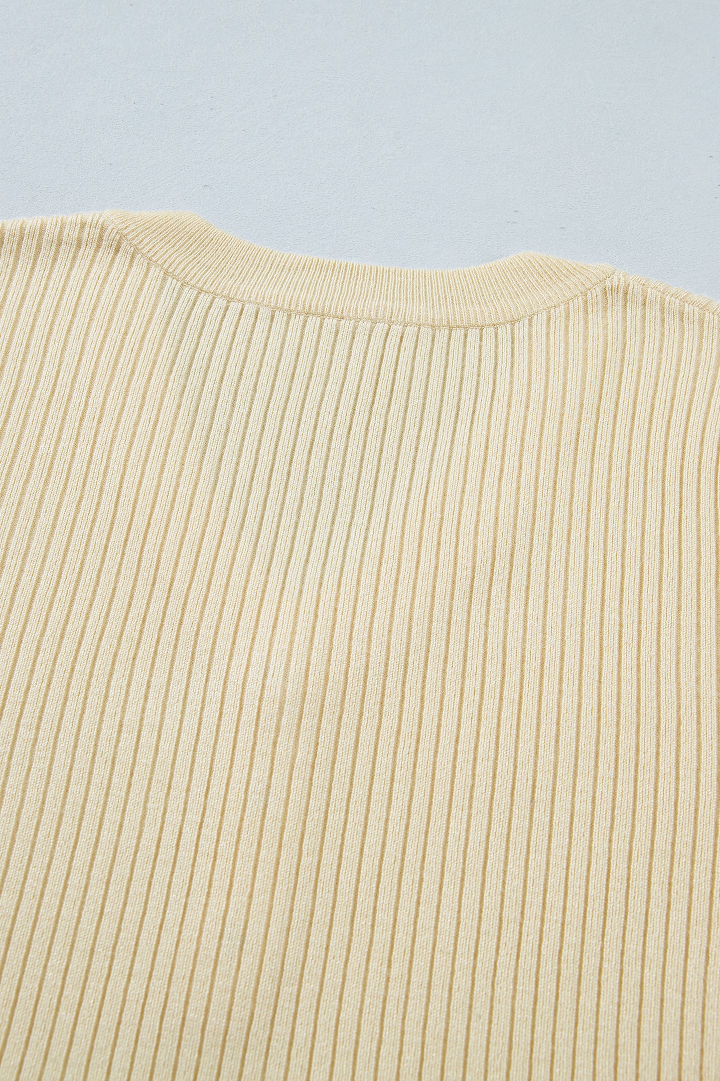 Apricot V Neck Ribbed Knit Striped Trim Short Sleeve Sweater-Sweaters & Cardigans/Short Sleeve Sweaters-[Adult]-[Female]-2022 Online Blue Zone Planet