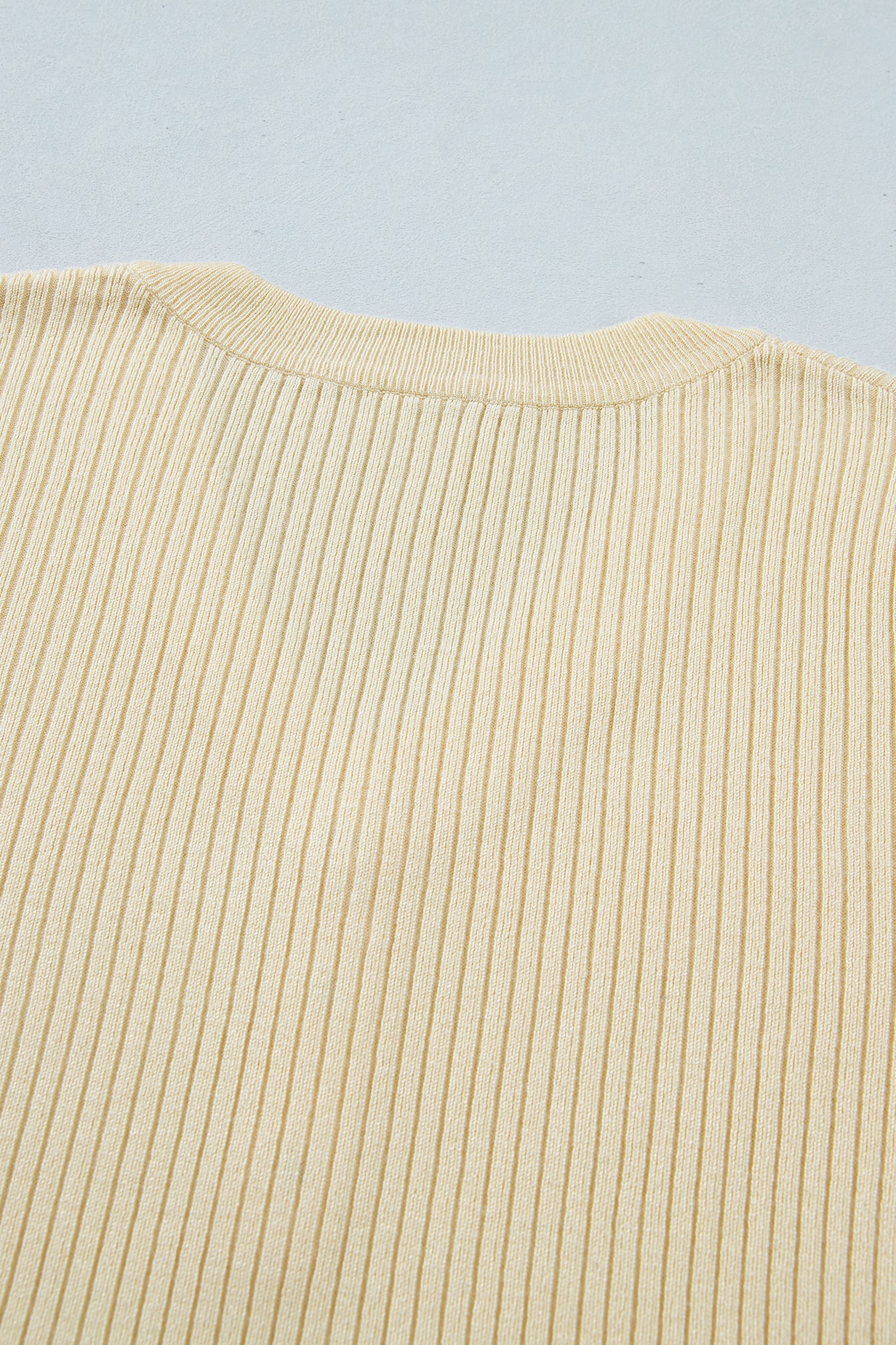 Apricot V Neck Ribbed Knit Striped Trim Short Sleeve Sweater-Sweaters & Cardigans/Short Sleeve Sweaters-[Adult]-[Female]-2022 Online Blue Zone Planet