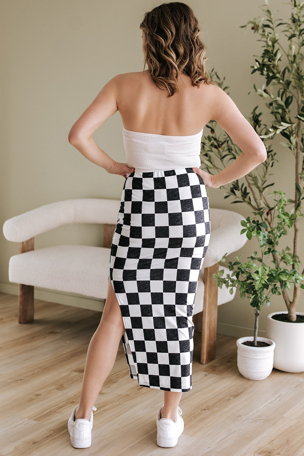 Blue Zone Planet | White Checkered Print Side Slit High Waist Midi Skirt-Bottoms/Skirts & Petticoat-[Adult]-[Female]-2022 Online Blue Zone Planet