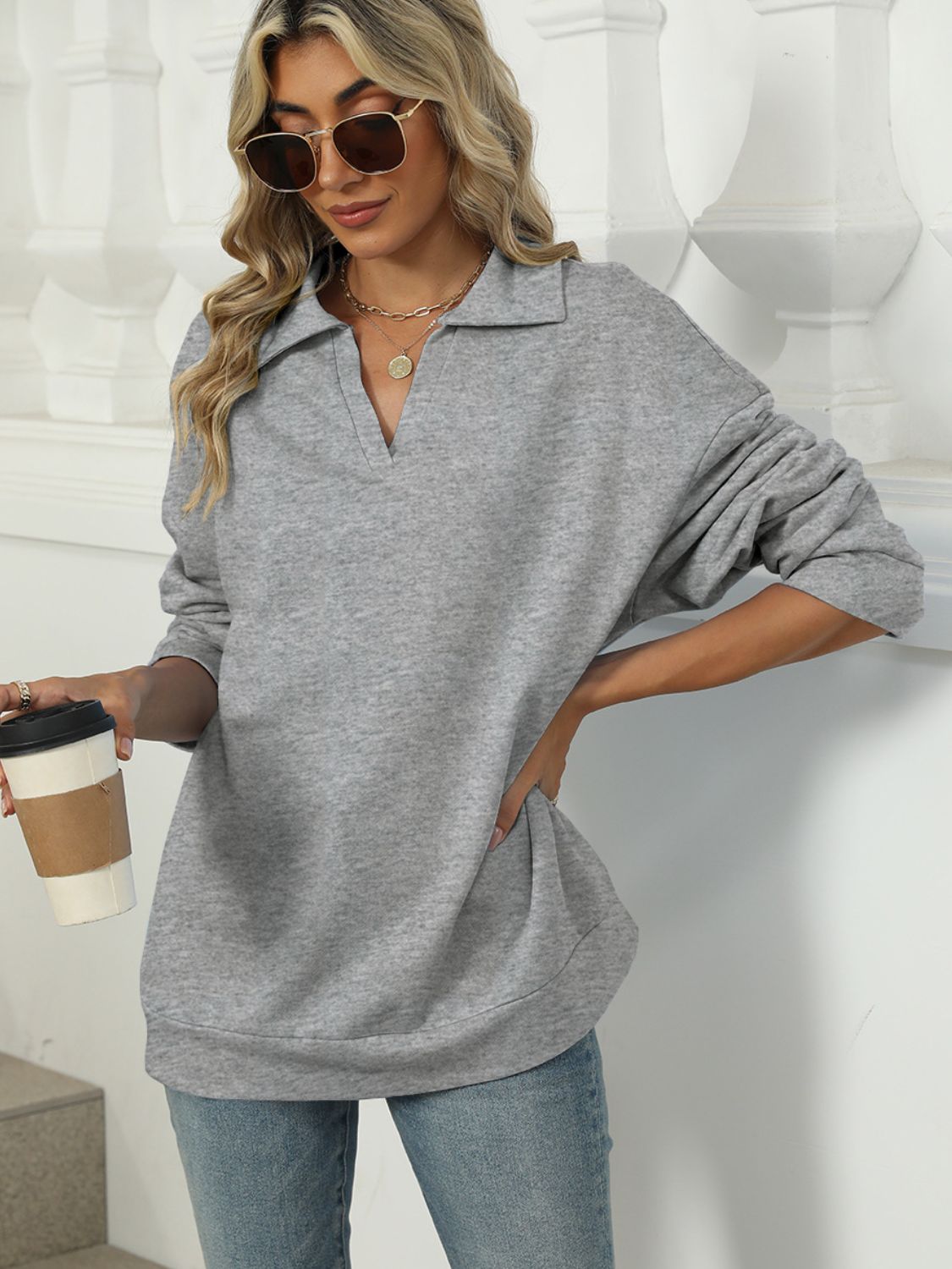 Blue Zone Planet | Johnny Collar Long Sleeve Sweatshirt-TOPS / DRESSES-[Adult]-[Female]-2022 Online Blue Zone Planet