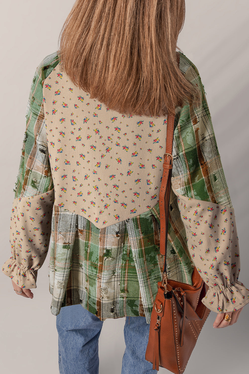 Mist Green Boho Floral Plaid Patchwork Distressed Detail Ruffled Sleeve Waffle Knit Shacket-Outerwear/Plaid Shackets-[Adult]-[Female]-2022 Online Blue Zone Planet