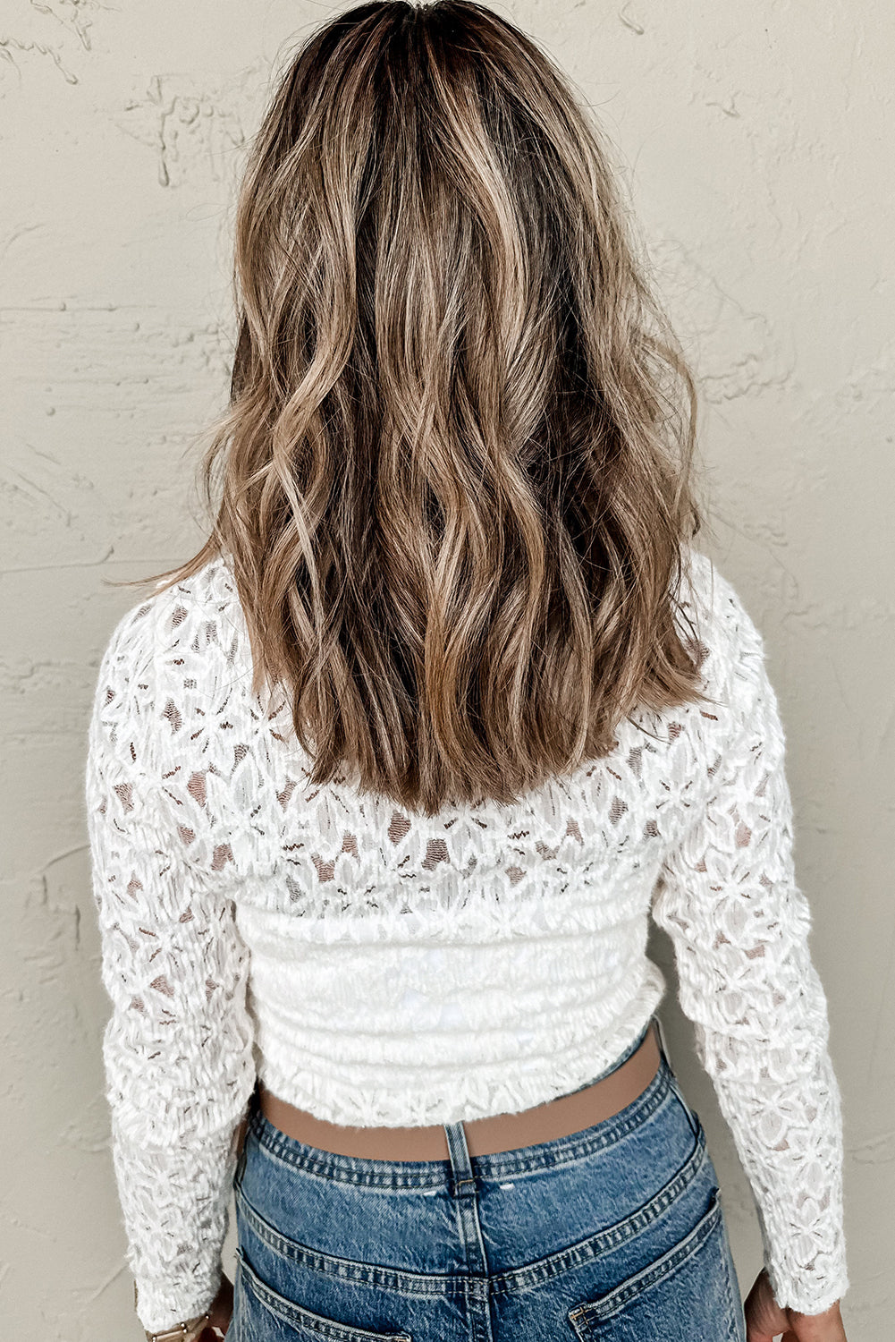 Blue Zone Planet | White Flower Lace See Through Mock Neck Long Sleeve Top-Tops/Long Sleeve Tops-[Adult]-[Female]-2022 Online Blue Zone Planet