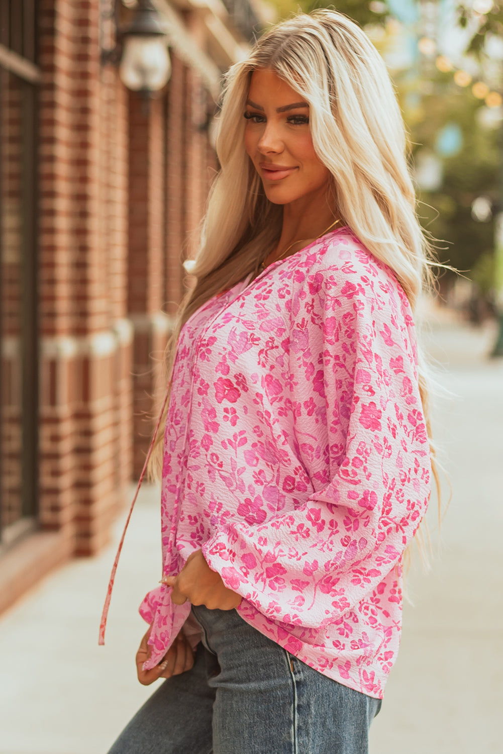 Pink Floral Puff Sleeve Split Neck Lightweight Blouse-Tops/Blouses & Shirts-[Adult]-[Female]-2022 Online Blue Zone Planet