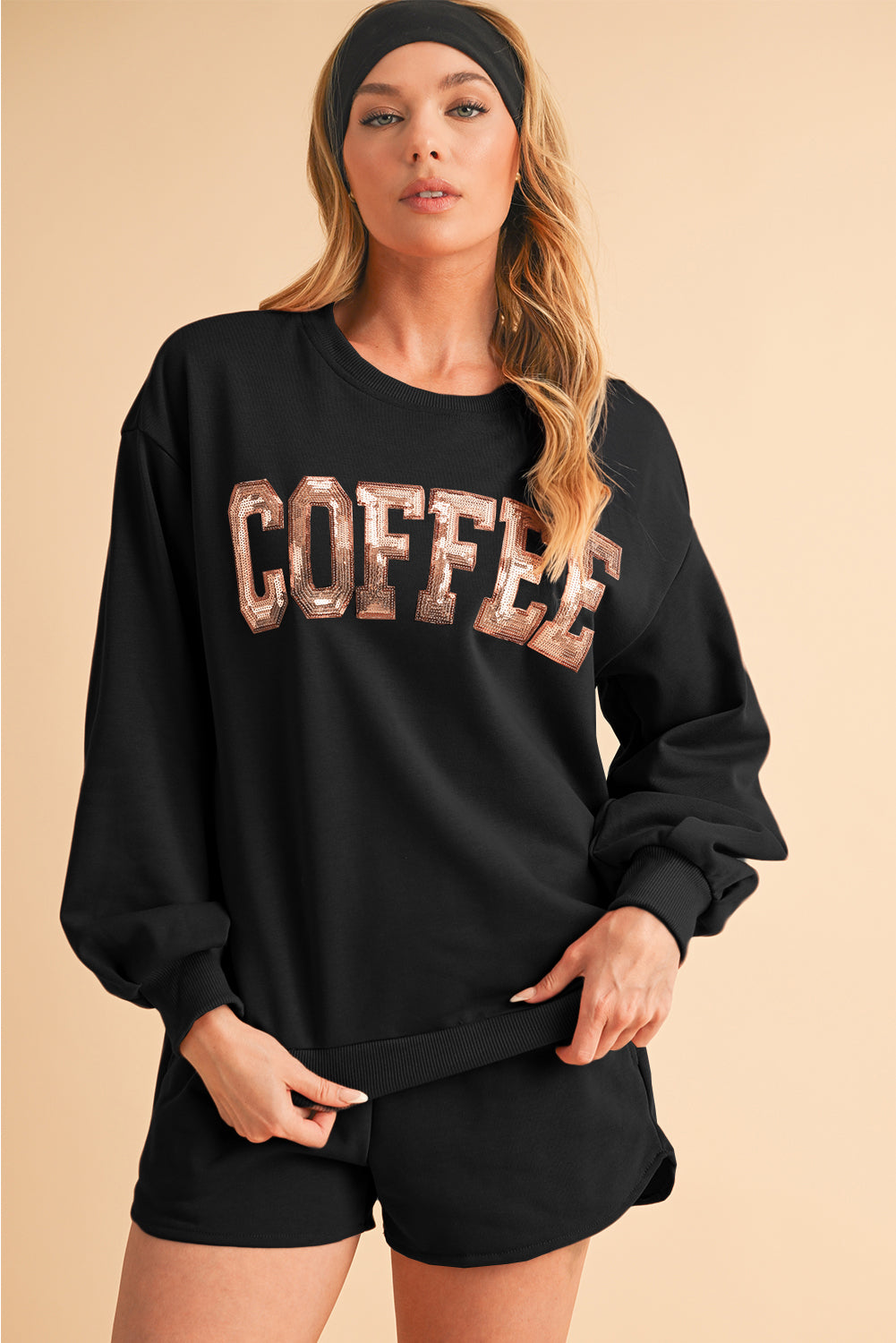 Straw Yellow Sequins COFFEE Loose Fit Sweatshirt and Shorts Set-Two Piece Shorts Sets-[Adult]-[Female]-2022 Online Blue Zone Planet